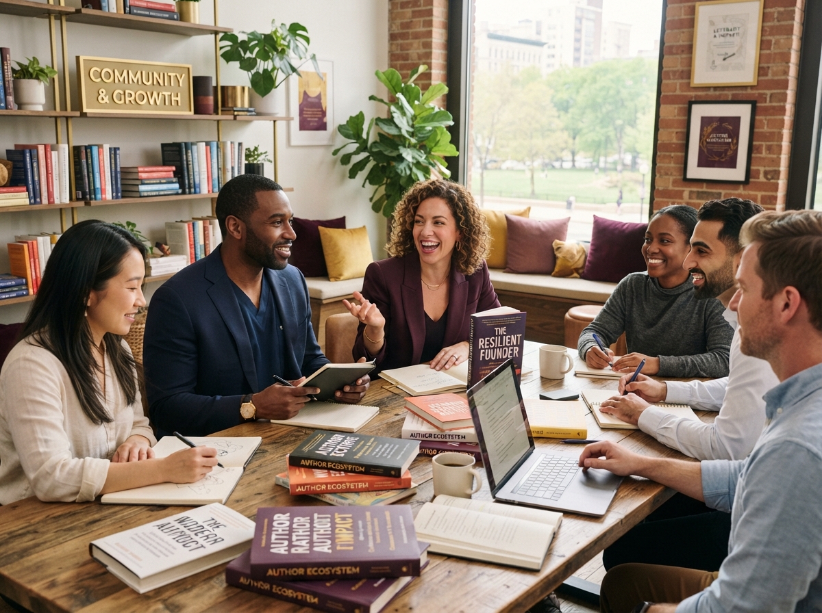 Professionals collaborating around books and notebooks in a bright modern space