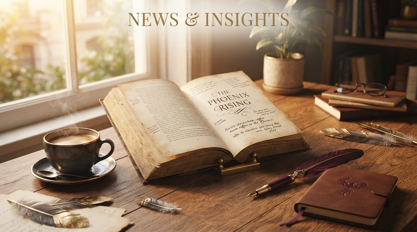 An elegant desk with an open book, coffee, and golden morning light near a window