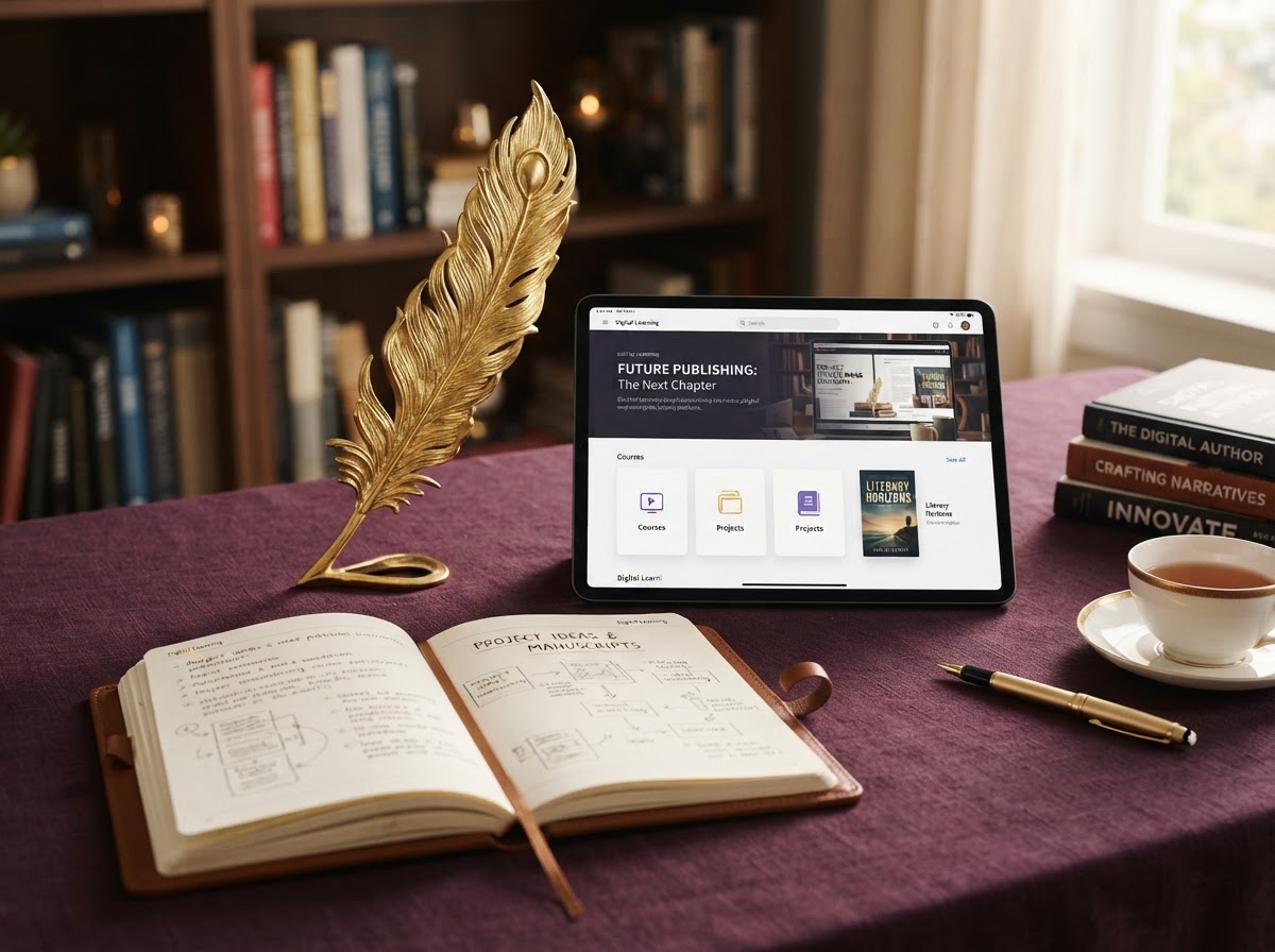 A tablet and open journal beside a rising gold phoenix feather on a deep plum background
