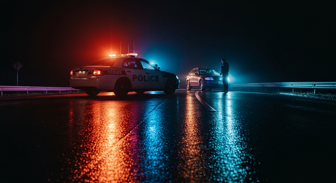 Police car lights flashing at night