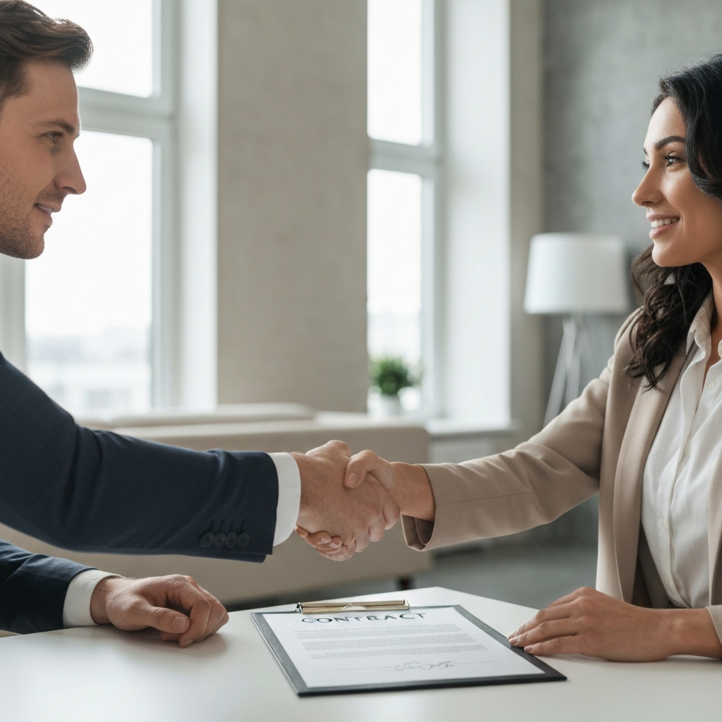 Two people shaking hands over a contract