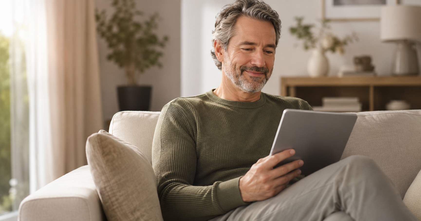 Man relaxing and reading on tablet
