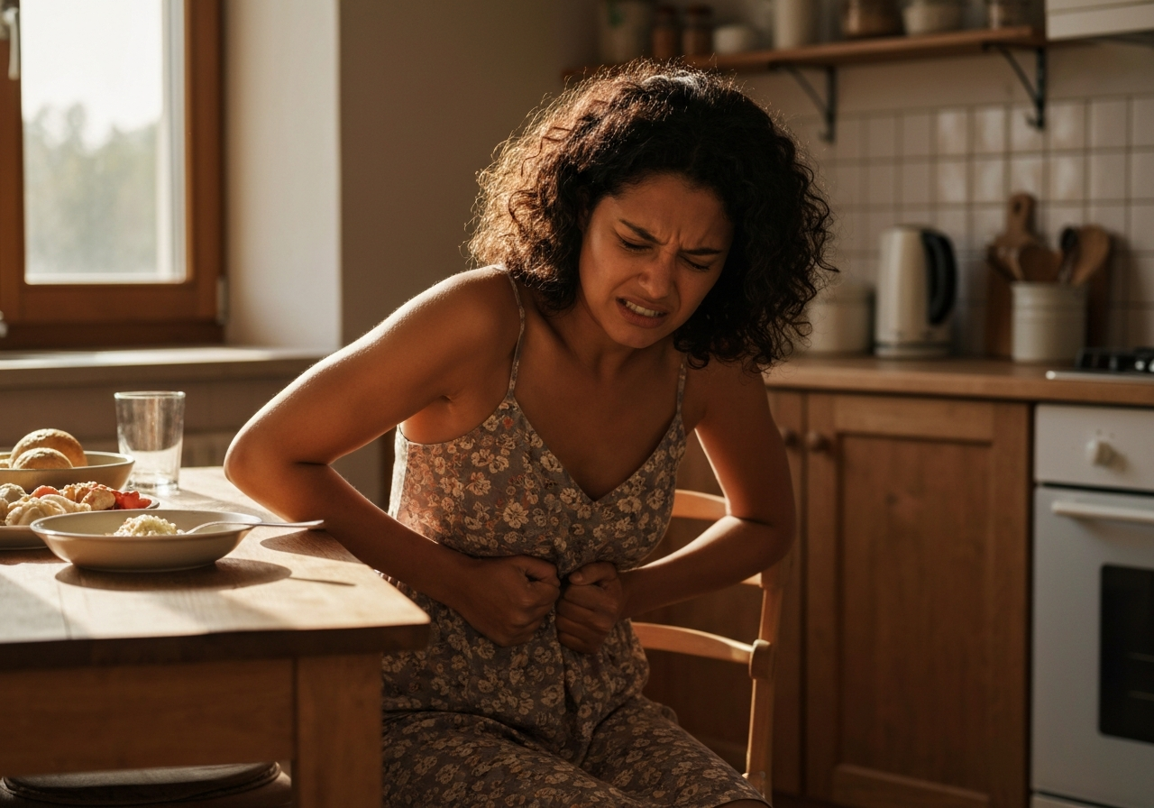 Woman experiencing food sensitivity discomfort