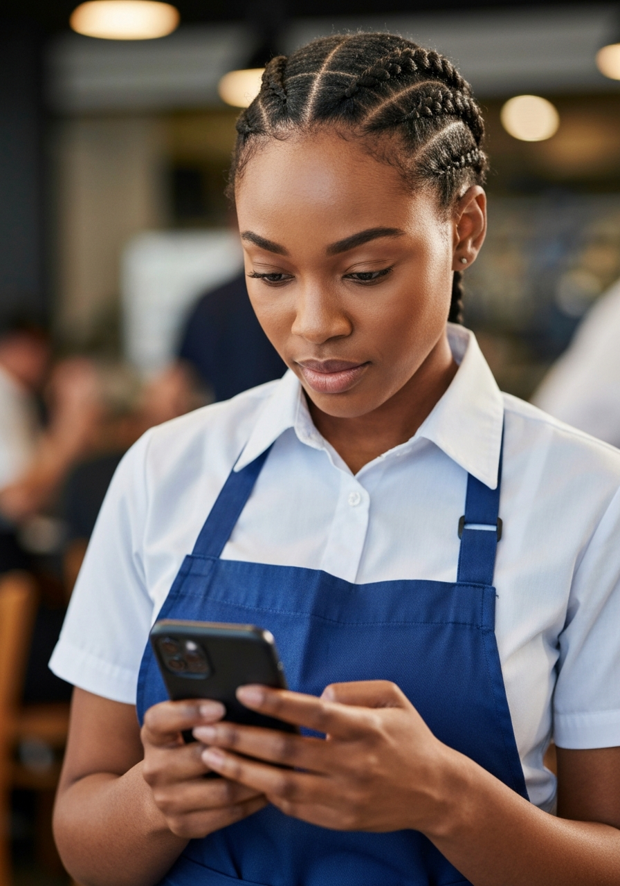Restaurant worker watching EZPZ Train on mobile