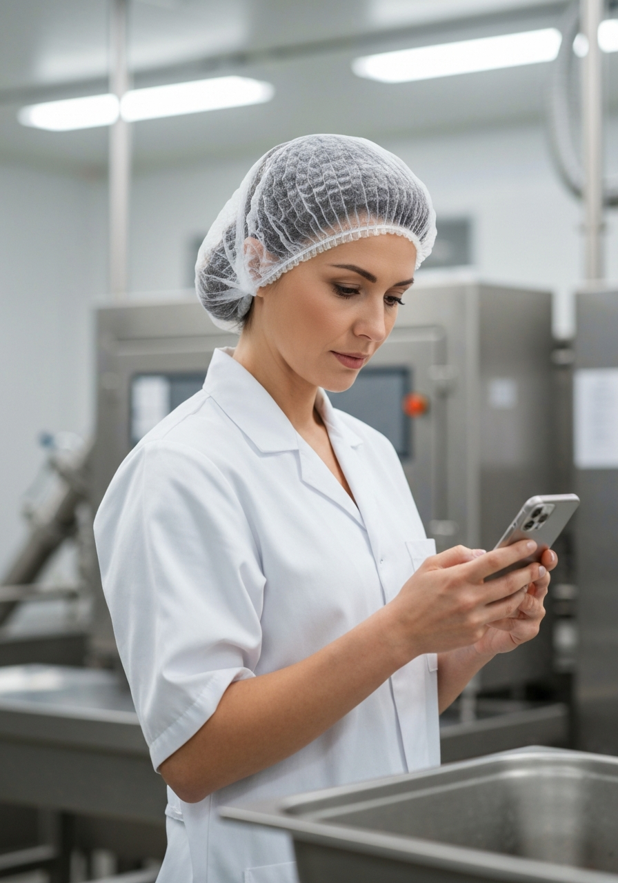 Food processing worker watching EZPZ Train on mobile