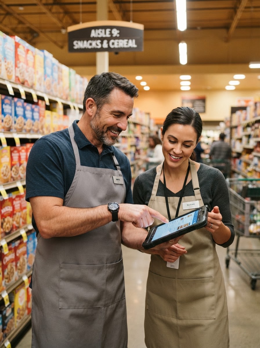 Grocery store workers watching EZPZ Train on tablet together