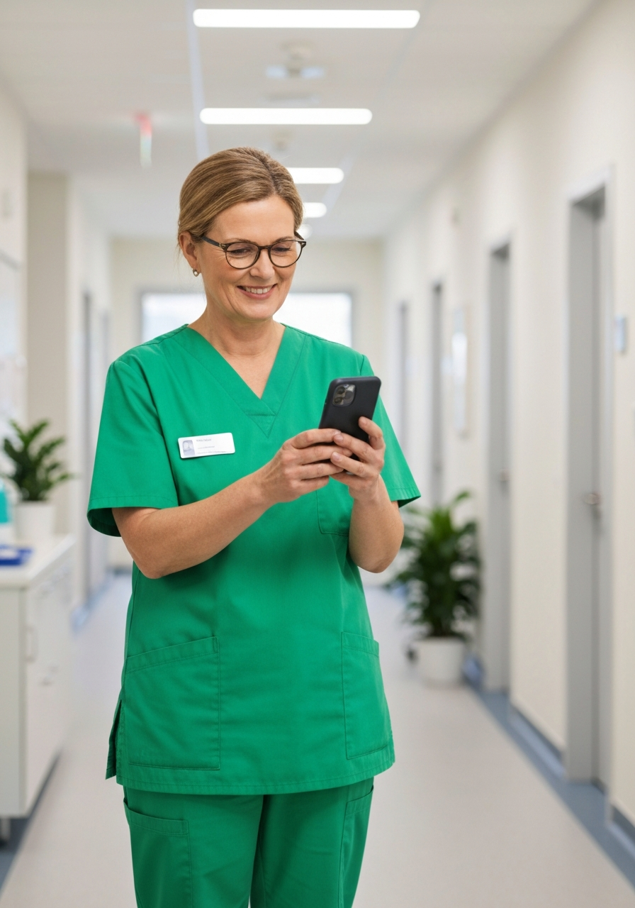 Healthcare worker watching EZPZ Train on mobile
