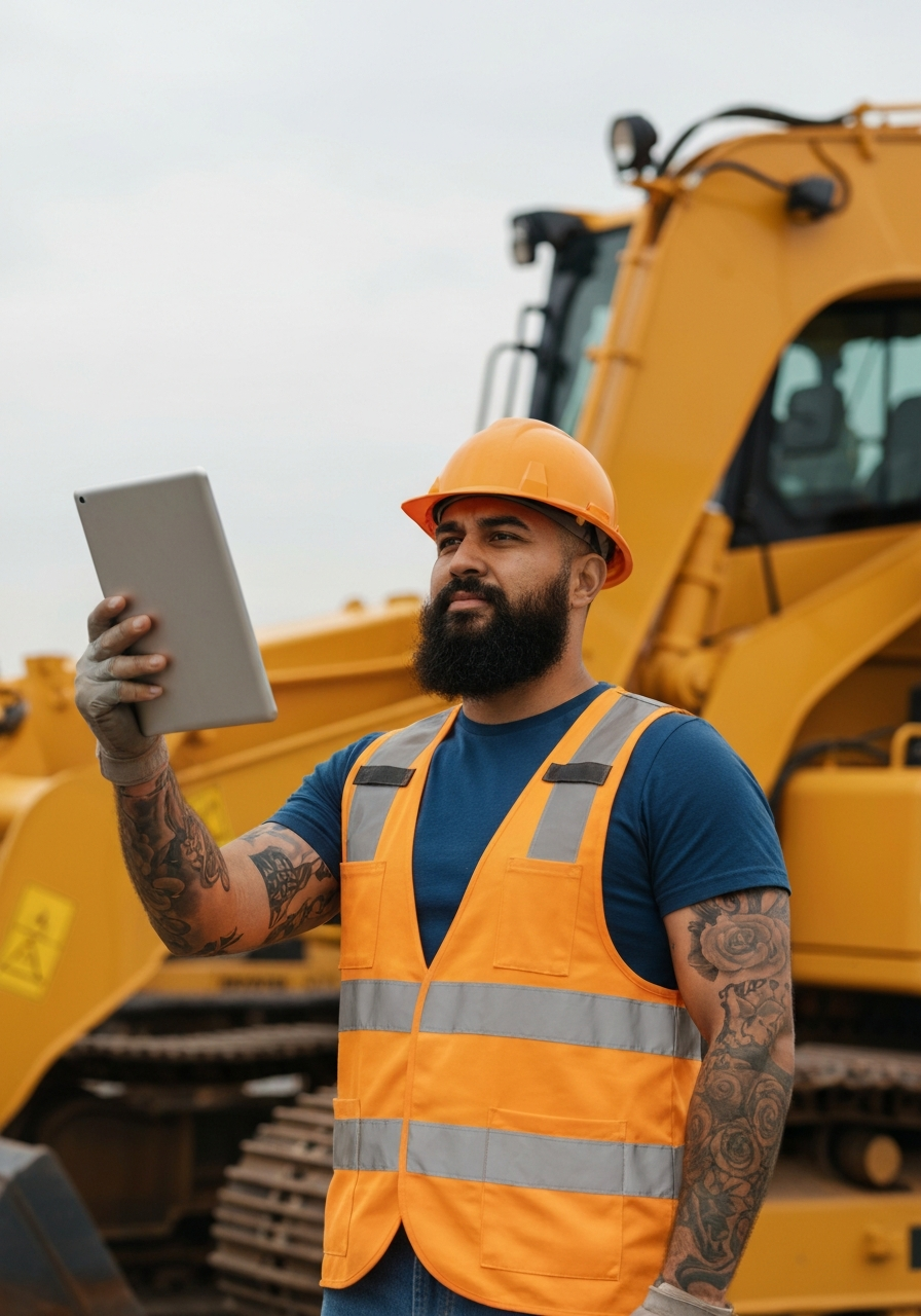 Diverse utility worker with beard and tattoos watching EZPZ Train on tablet