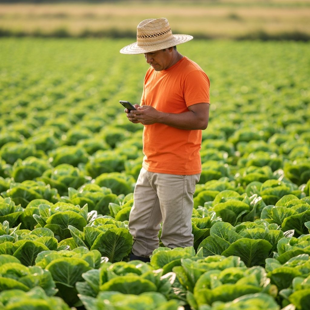 Hispanic agriculture worker in green field watching EZPZ Train on mobile