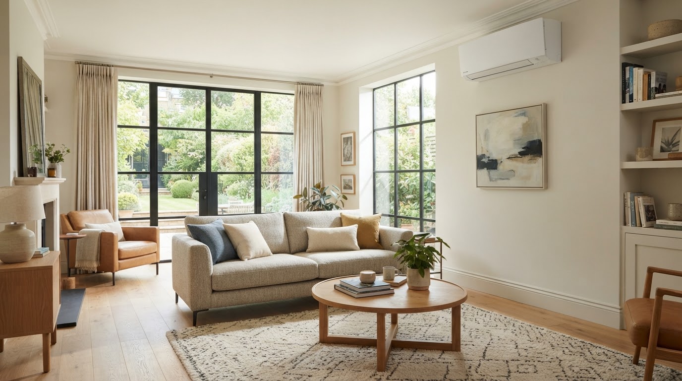 A bright modern living room with a Daikin air conditioning unit