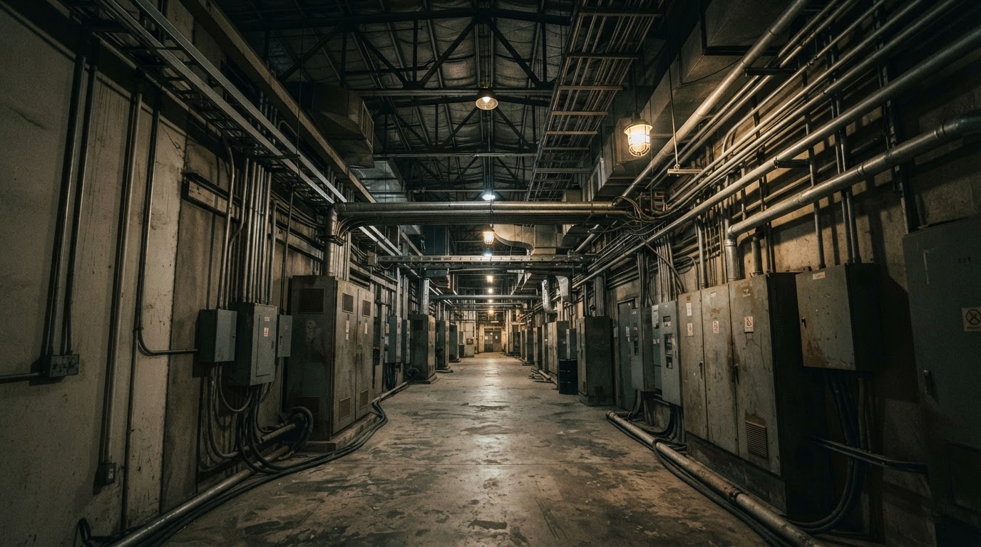Dark industrial service corridor with exposed pipework and ductwork