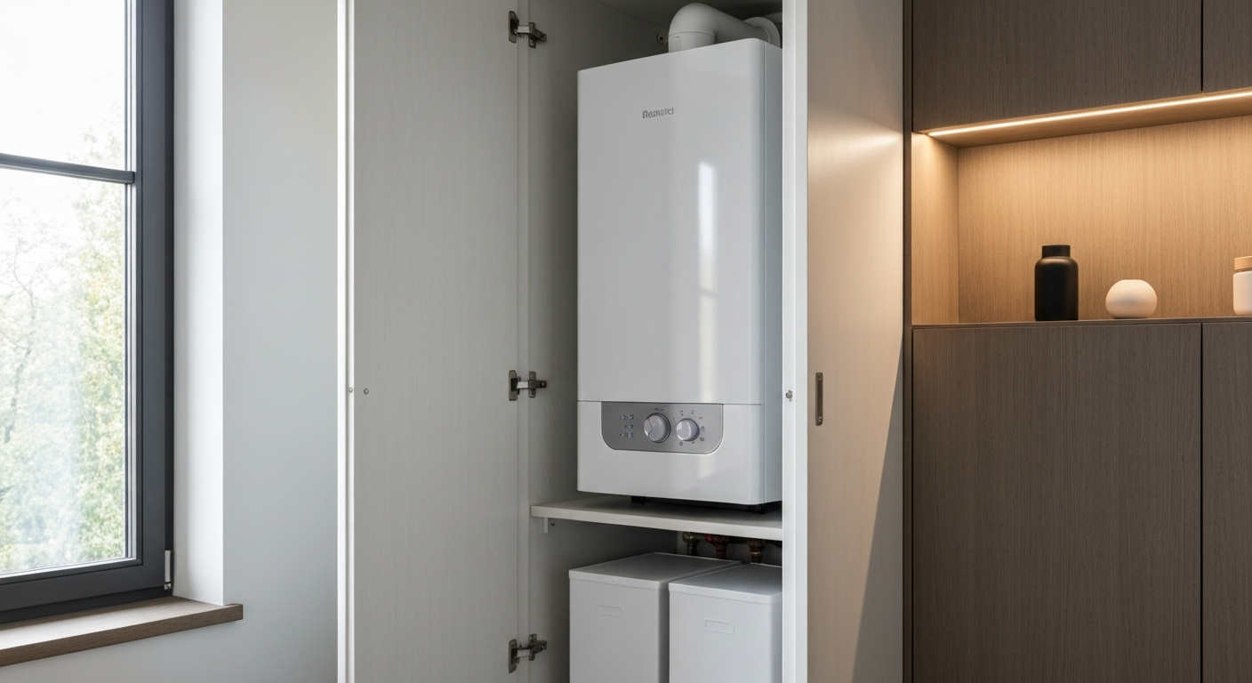 Domestic heating and plumbing engineer working on a boiler in a Surrey home