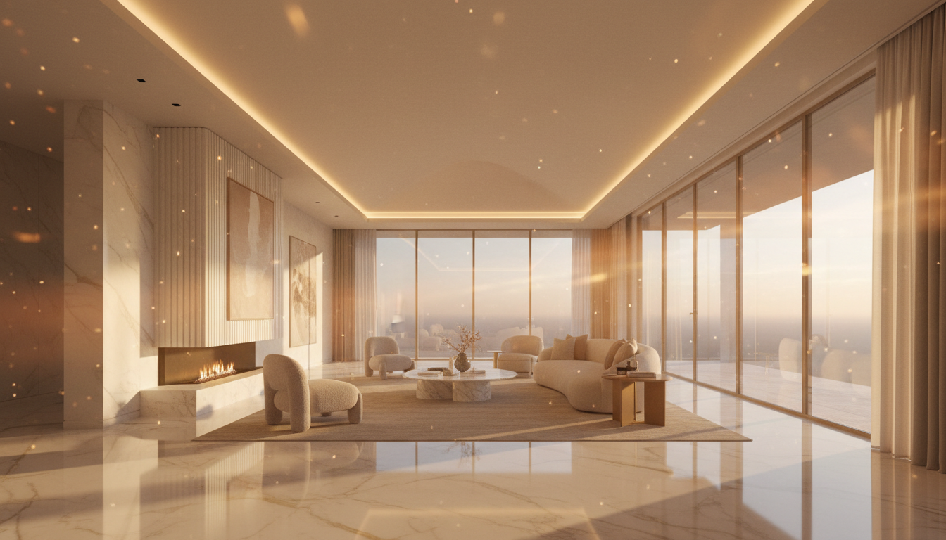 Cinematic AI-generated spatial walkthrough of a luxury pre-construction property interior with golden hour lighting
