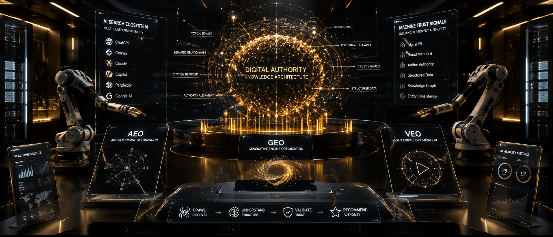 AEO GEO VEO Digital Authority Knowledge Architecture — AI Search Ecosystem showing structured data, entity optimization, citation networks, answer engine optimization, and knowledge graph framework by Farkhan Shah, AI Visibility Strategist