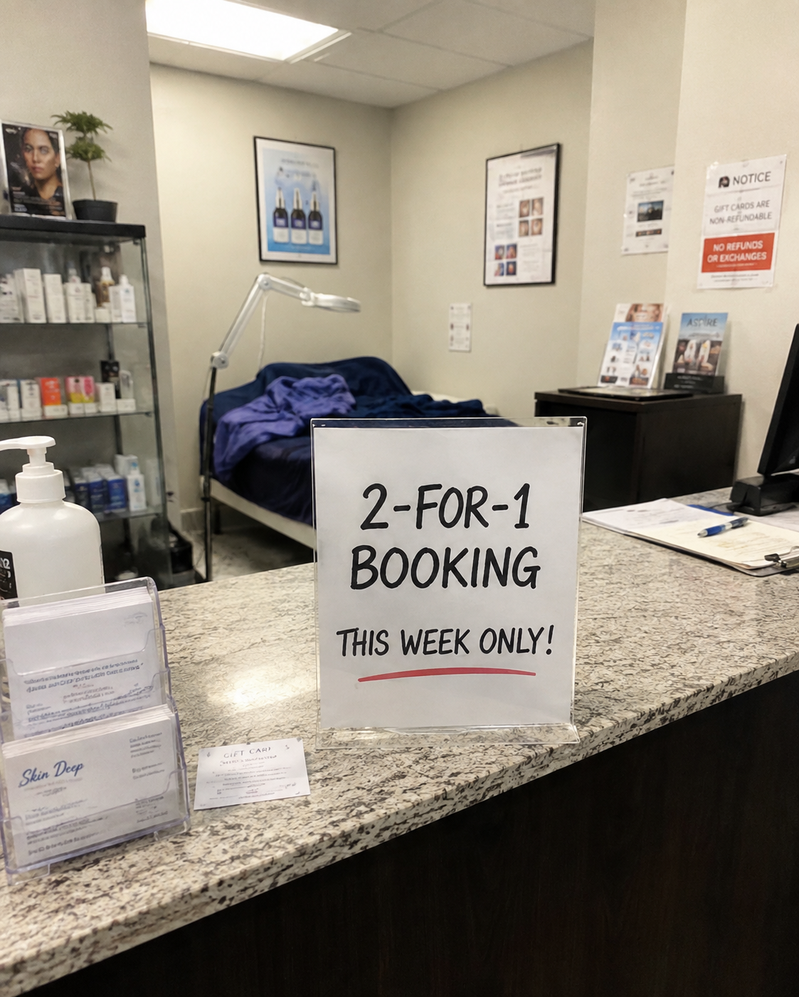 Before AI content optimization - flat fluorescent-lit med spa reception desk with handwritten discount sign and institutional feel