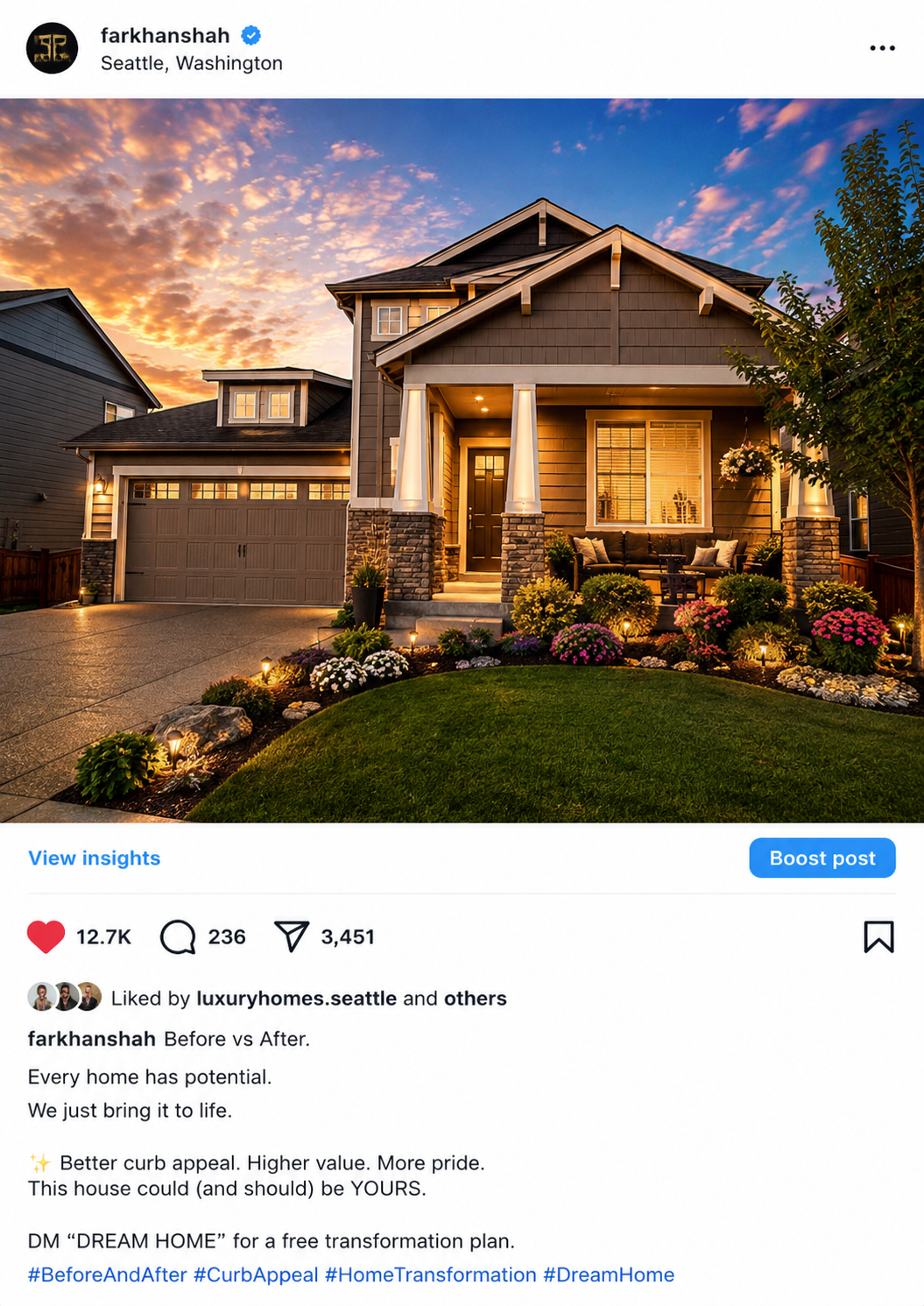 After AI video optimization - cinematic twilight exterior photo of luxury real estate with golden hour lighting and vibrant sunset sky