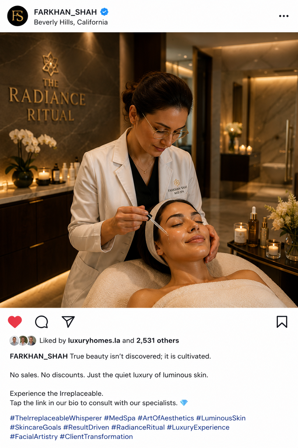 After AI content optimization - editorial luxury medical spa interior with warm golden lighting, aesthetician in white coat applying golden serum to client