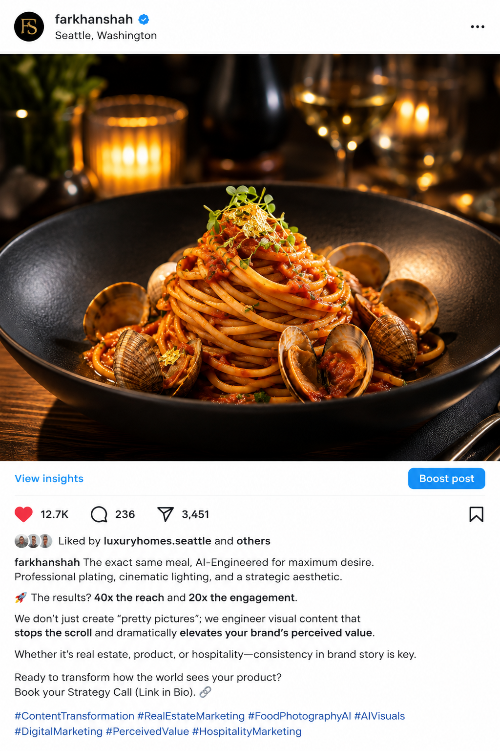 After AI content optimization - cinematic spaghetti alle vongole in black bowl with gold leaf garnish, microgreens, and Michelin-grade candlelight photography