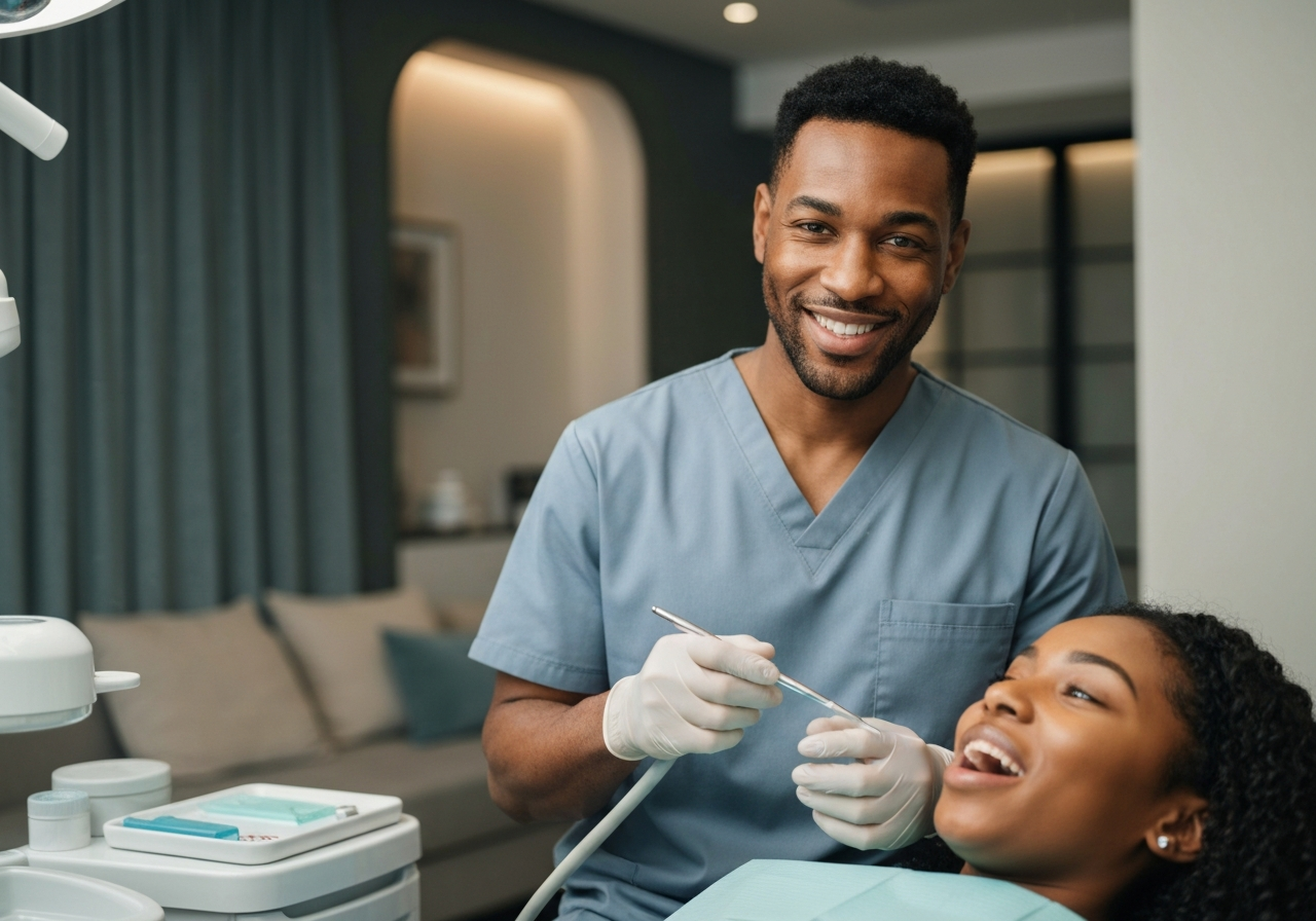 Handsome black male dentist treating a patient