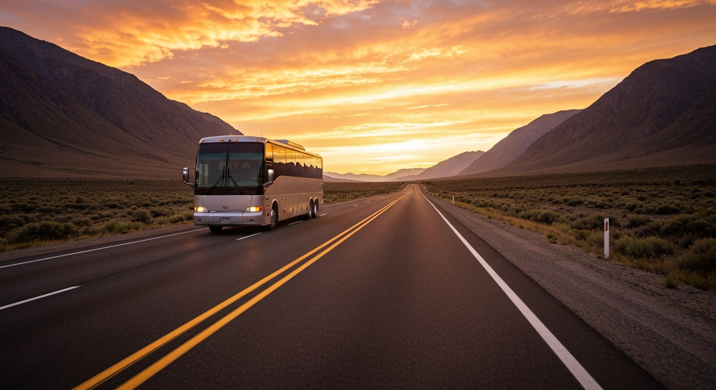 Motorcoach at sunrise on an empty scenic highway