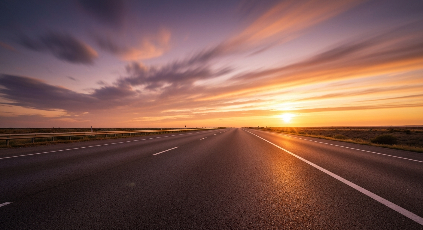 American open highway at golden sunset
