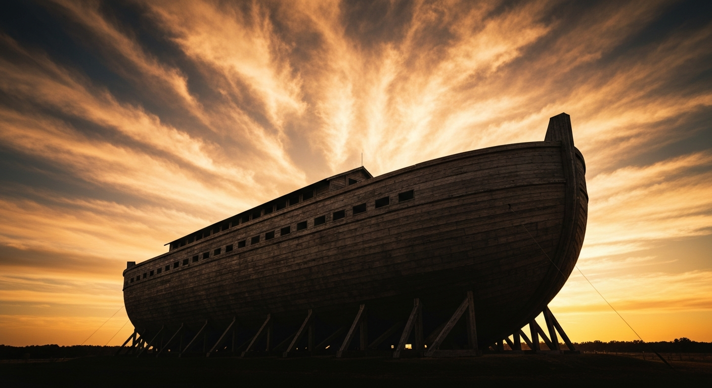 Noah's Ark replica at magic hour