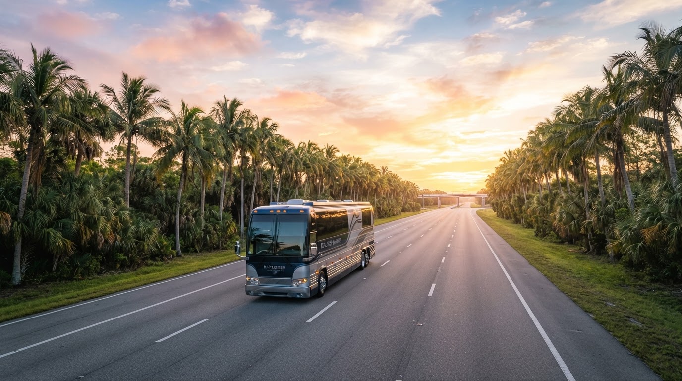 Luxury motorcoach on Florida highway at sunrise