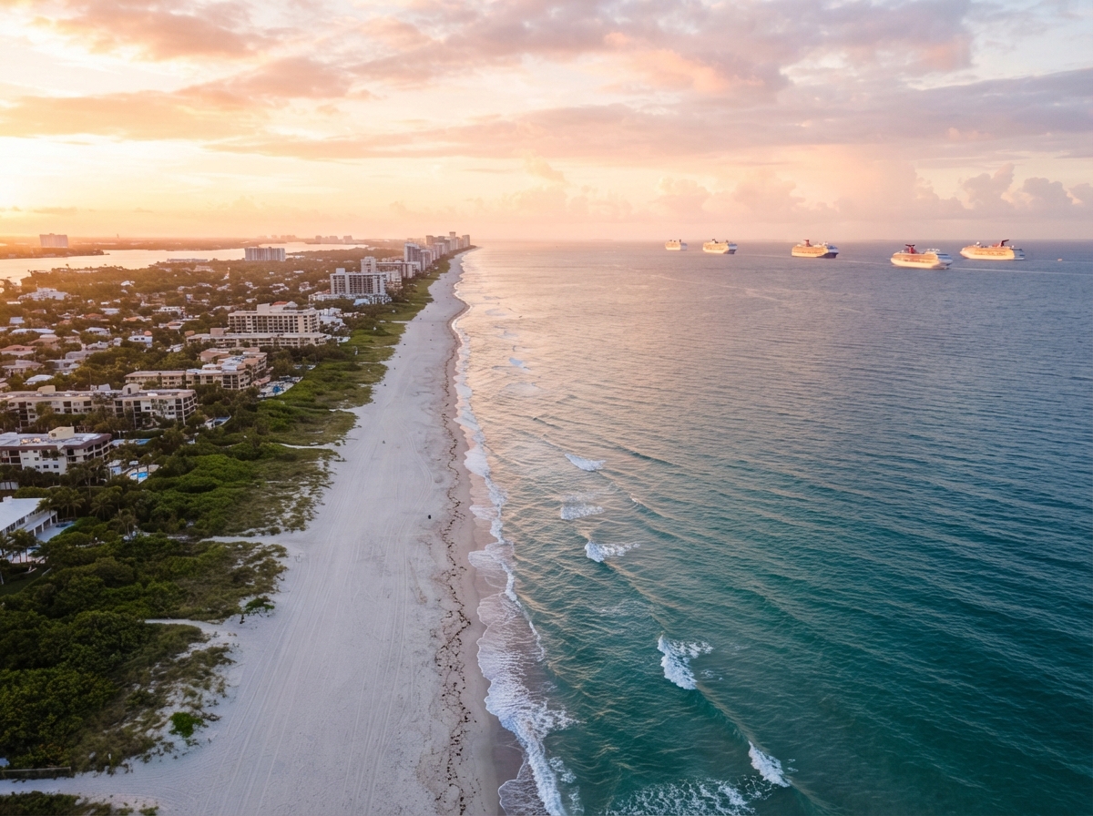 Florida coastline aerial view at golden sunrise