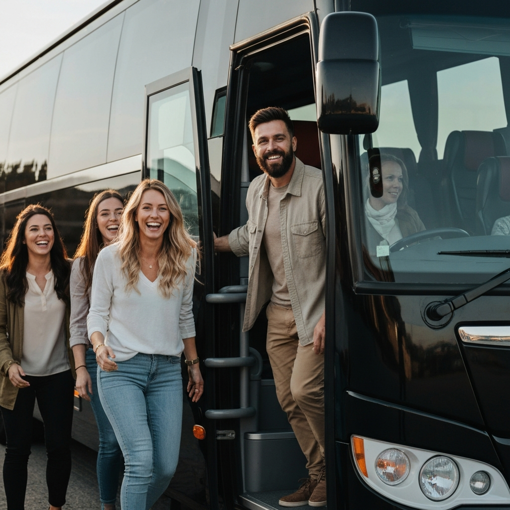 Group boarding luxury motorcoach
