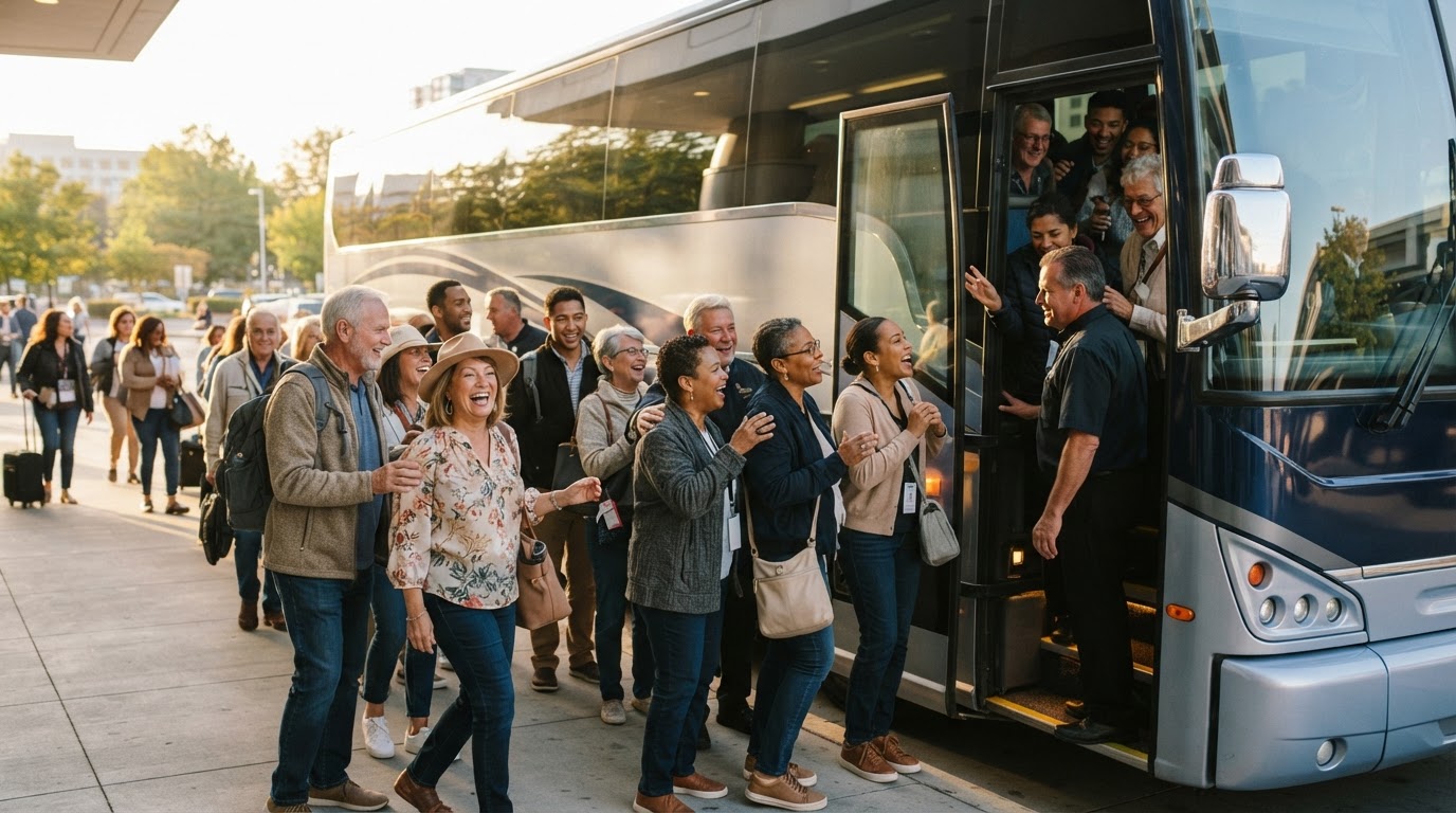 Group boarding luxury motorcoach