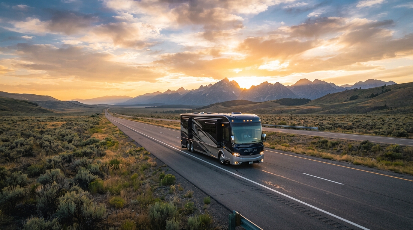 Luxury motorcoach at golden sunrise on open highway