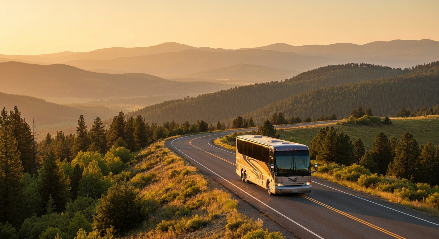 Luxury motorcoach traveling through stunning American landscape at golden hour