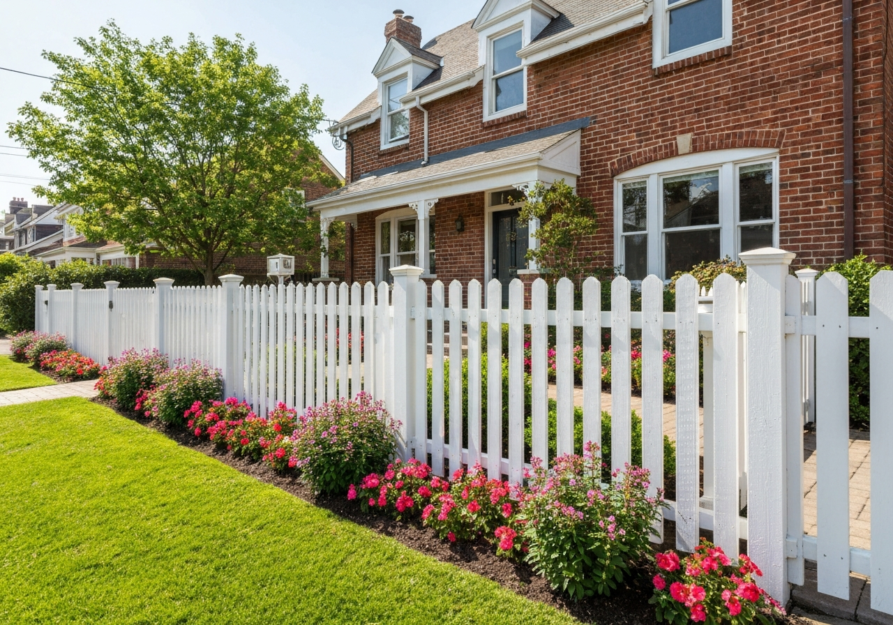Classic white picket fence enhancing residential property and curb appeal.