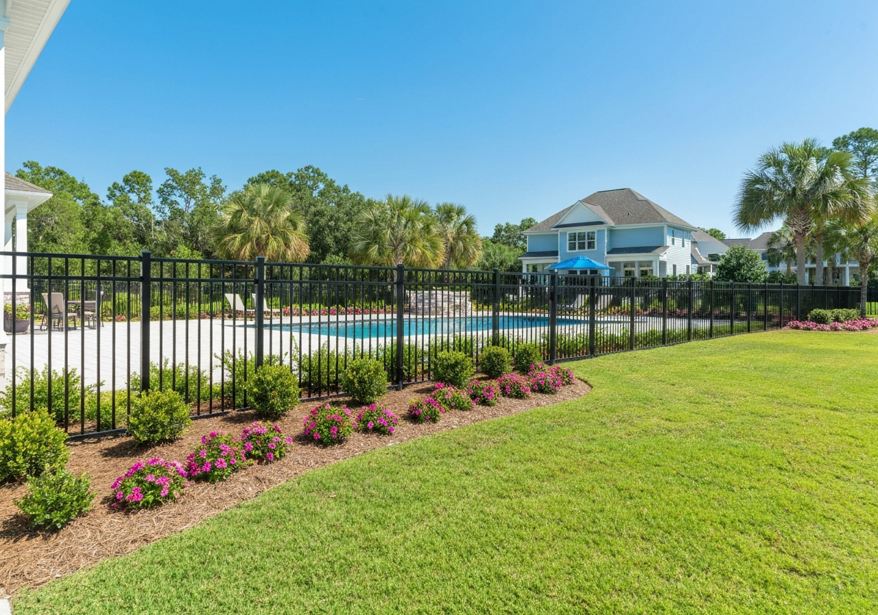 Black aluminum fence surrounding a pool and residential property in Fairhope, AL.