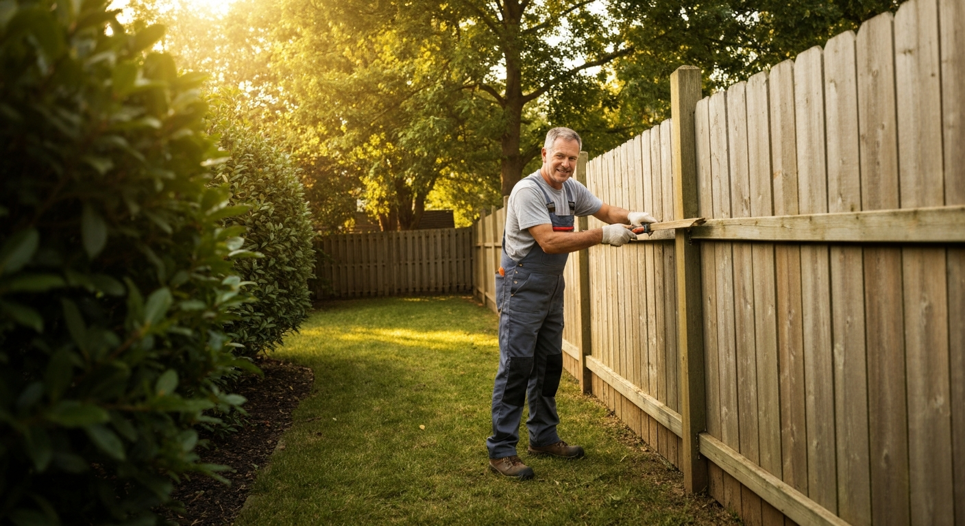 Man repairing wooden fence panels in a residential yard, fence repair services in Fairhope, AL.