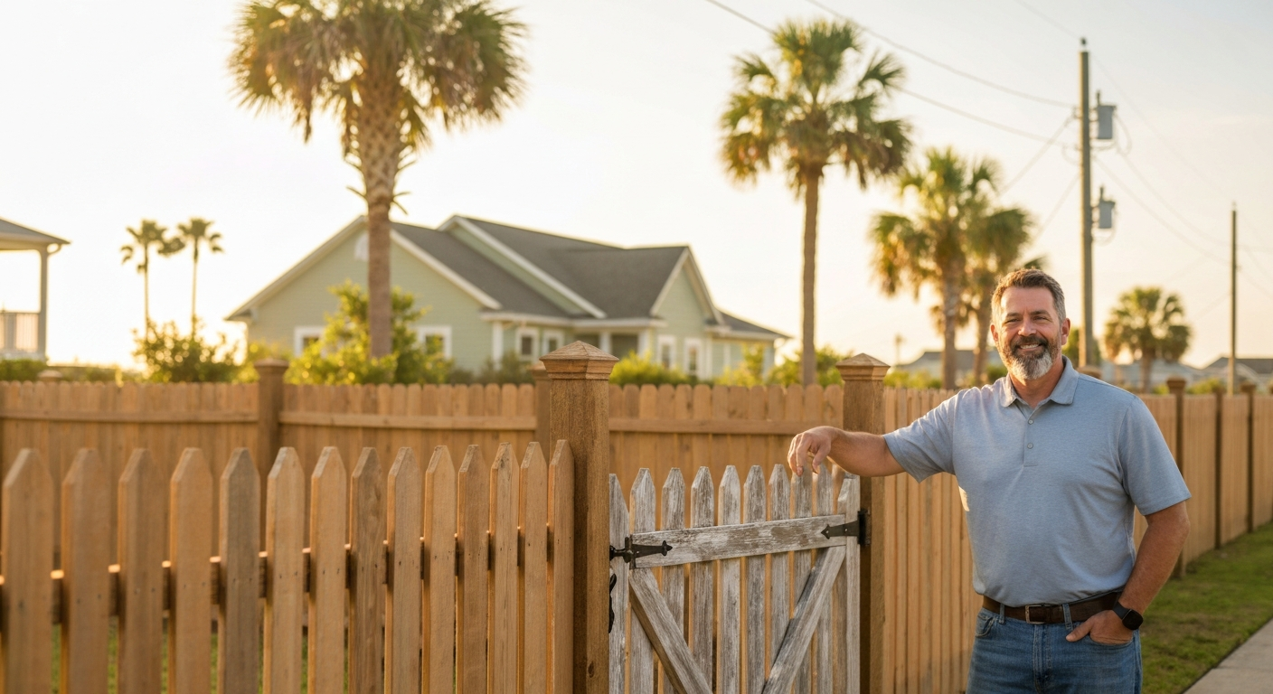 Man standing near newly installed wood picket fence and gate, Gulf Coast home in background.