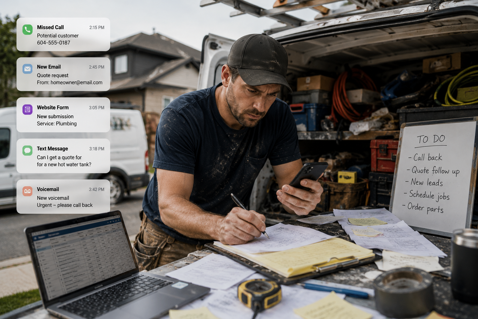 Tradesperson managing leads from van