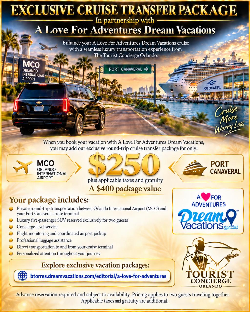 Exclusive Cruise Transfer Package in partnership with A Love For Adventures Dream Vacations — Round-trip MCO to Port Canaveral for $250