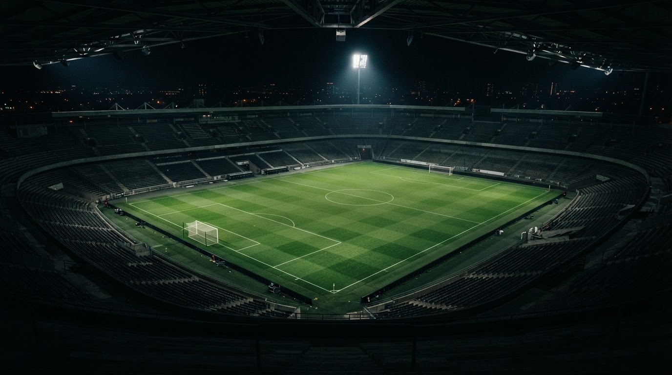 A dark, empty football stadium at night with a green pitch under dramatic spotlights