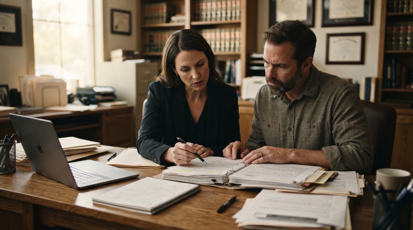 Attorney and investigator reviewing case documents together