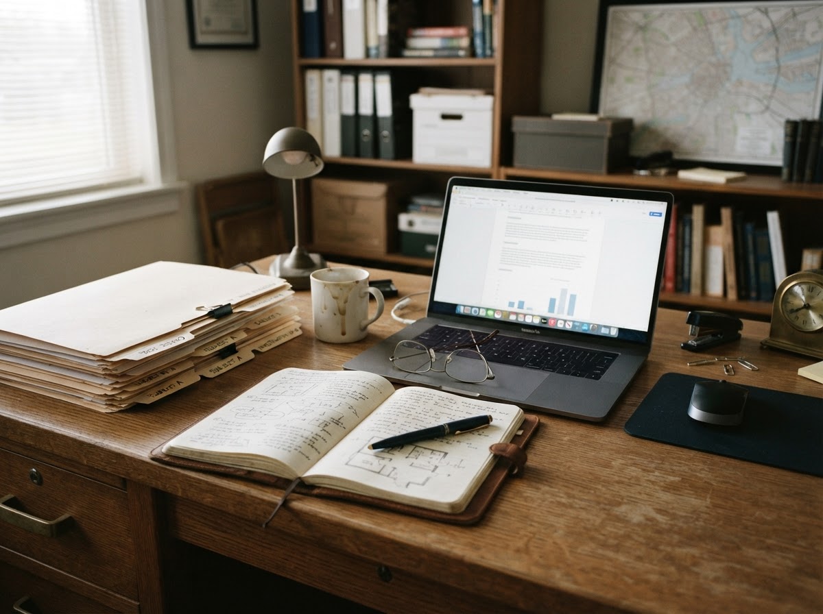 Professional investigator workspace with organized case files, notebook, and documentation