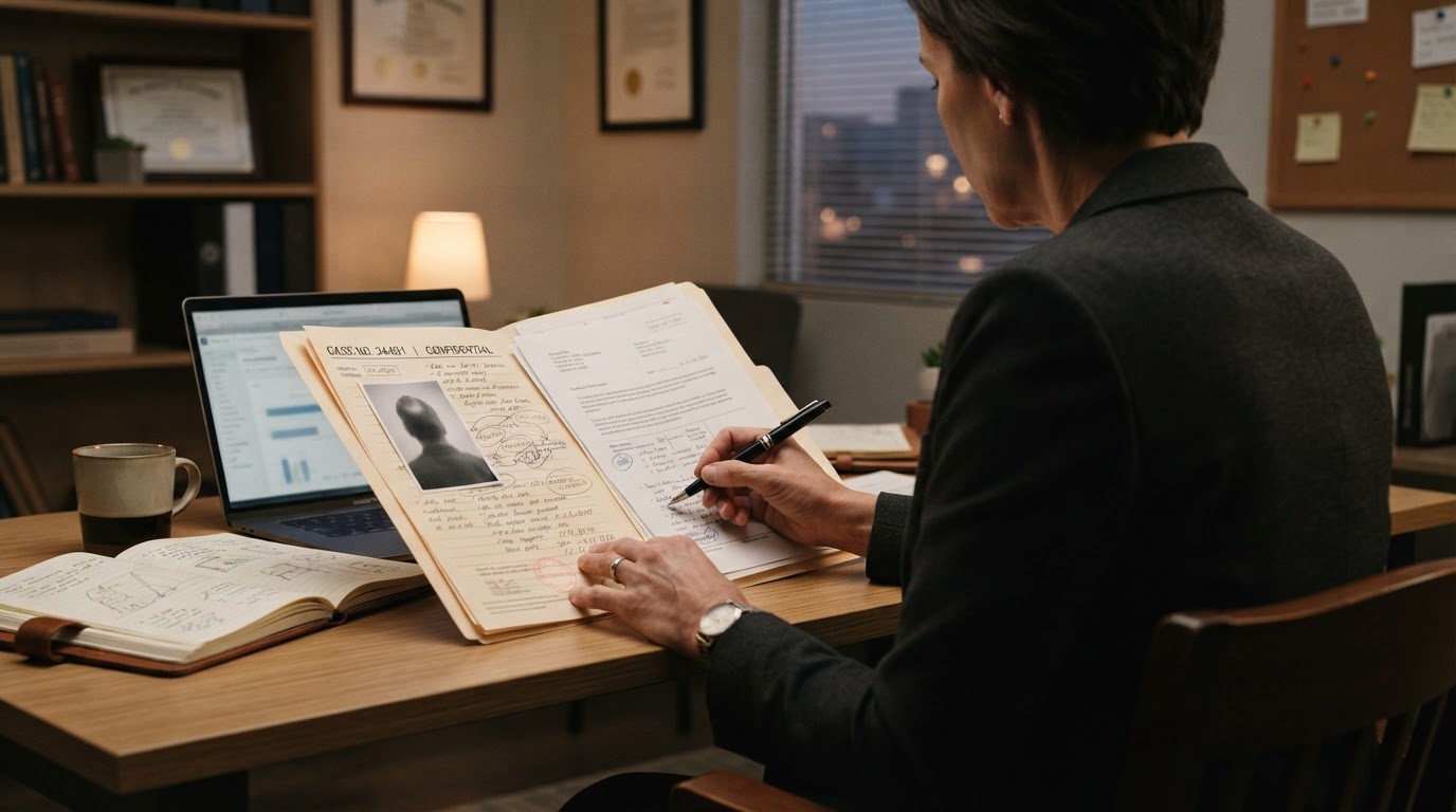 Private investigator reviewing criminal defense case files and notes