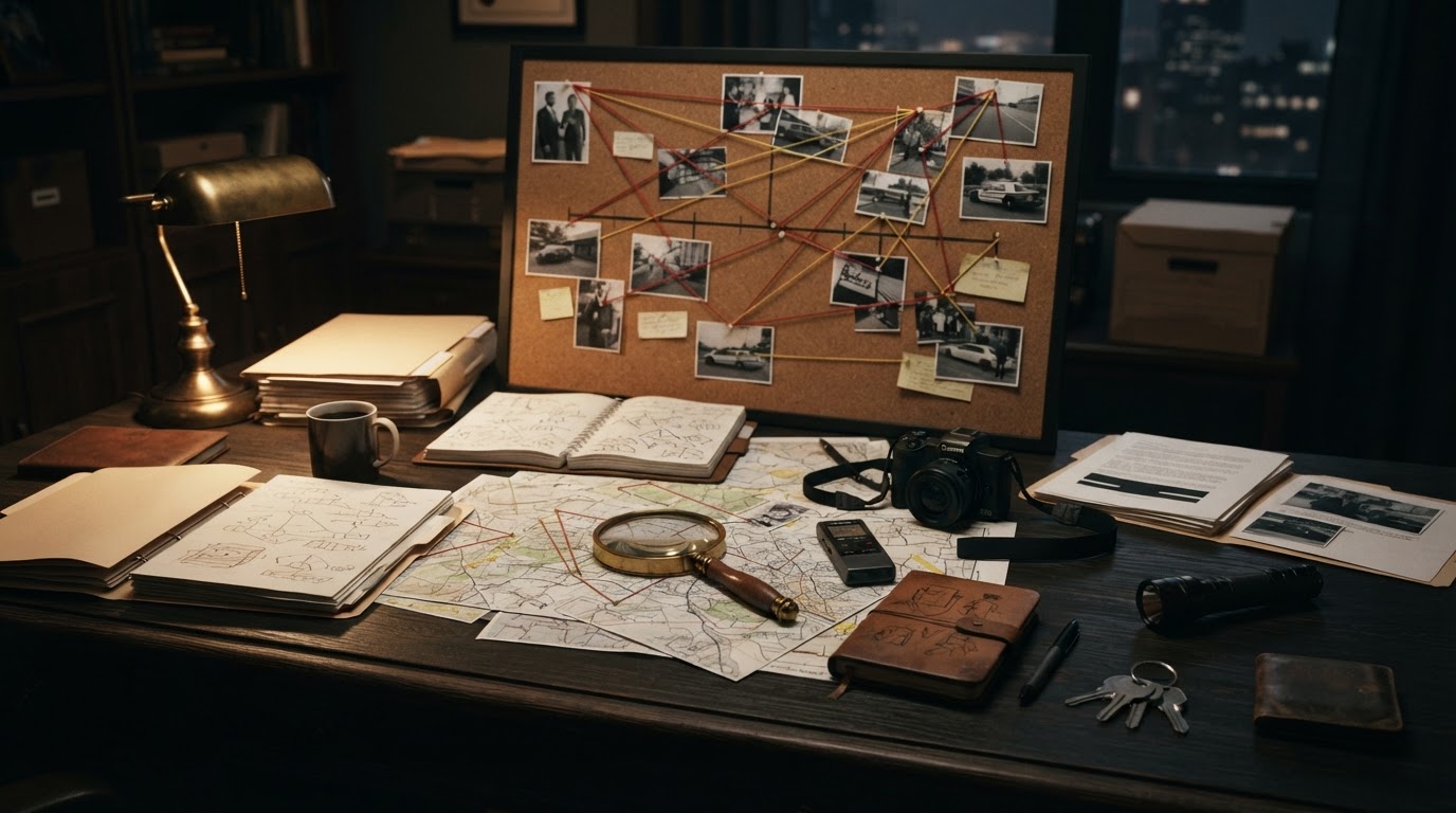 Professional investigator organizing case documentation and investigative findings