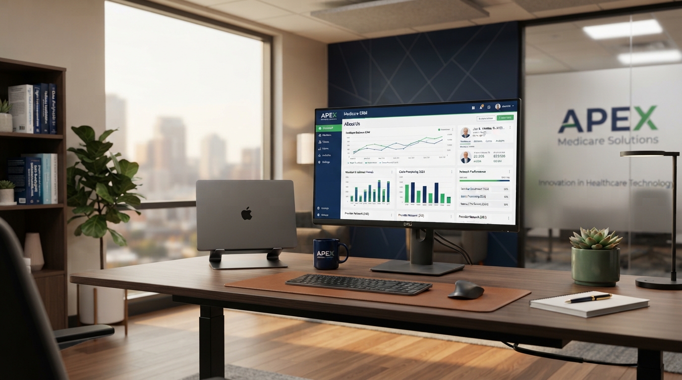 Modern office workspace showing a CRM dashboard - APEX System platform