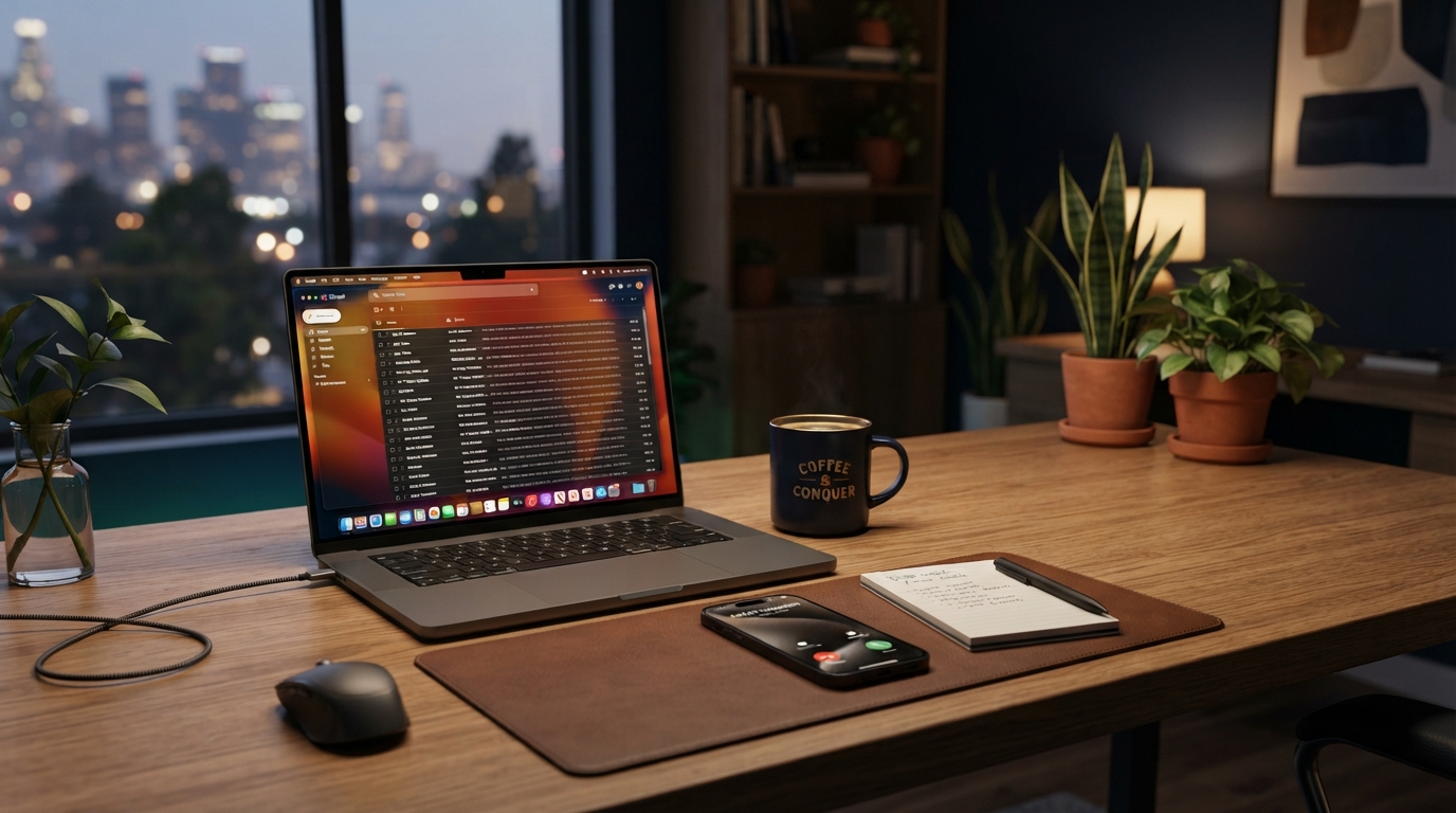 Professional office desk with phone and email setup for contacting APEX Growth Partners