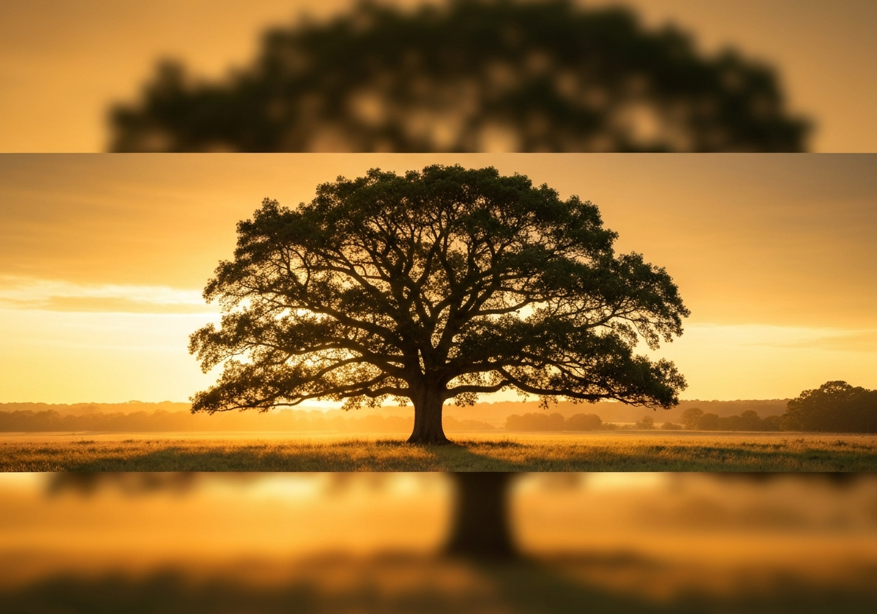 Majestic oak tree at sunset