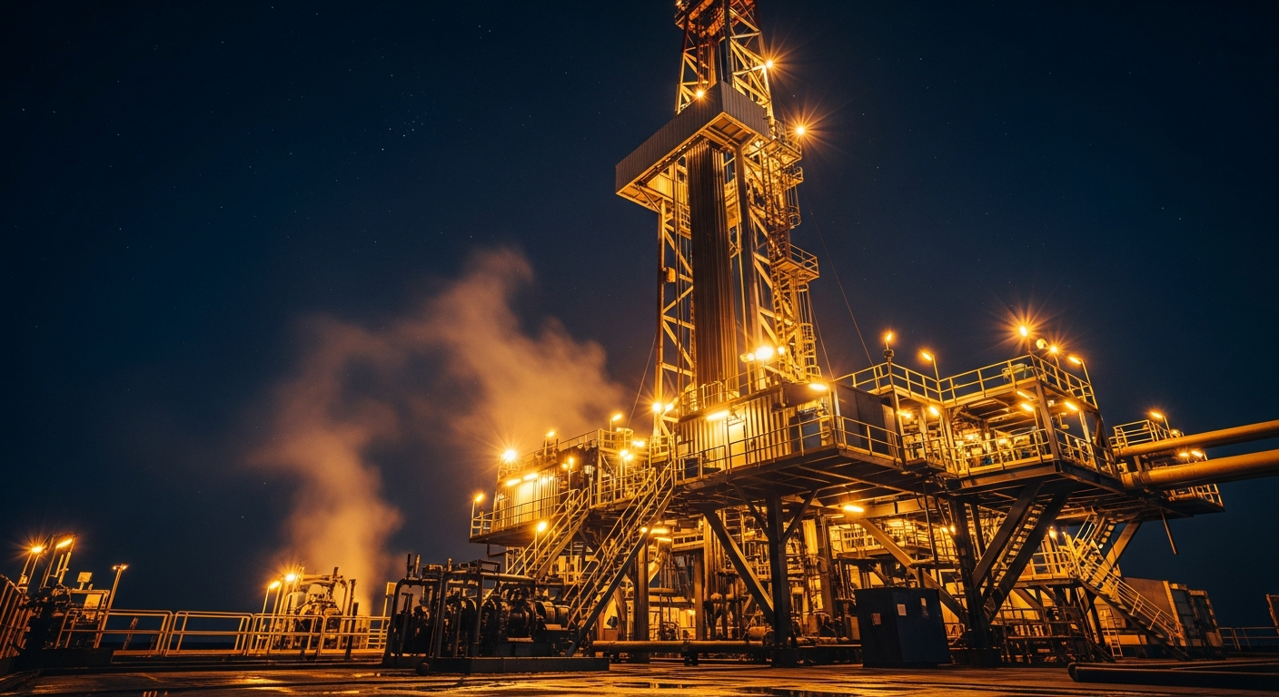 Drilling rig operating at night — HPHT mud cooling by PT TNG and Drill Cool Systems