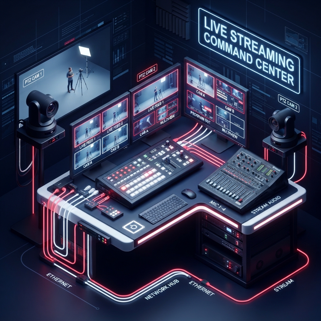 Live streaming broadcast equipment and cameras illustration