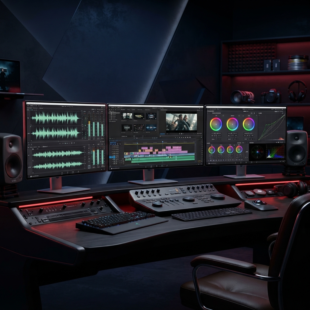 Professional video editing timeline and workstation illustration