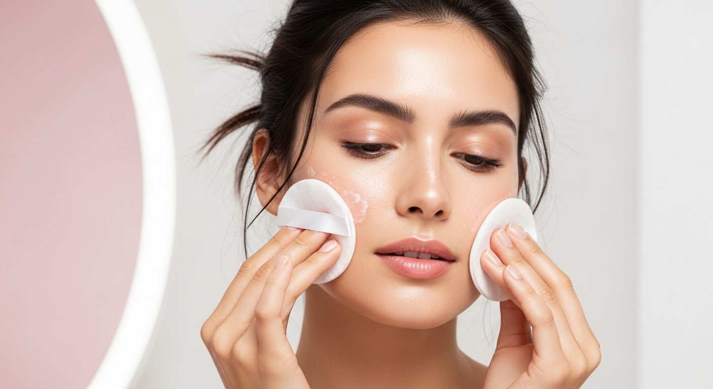 Woman with glowing skin using skincare pads